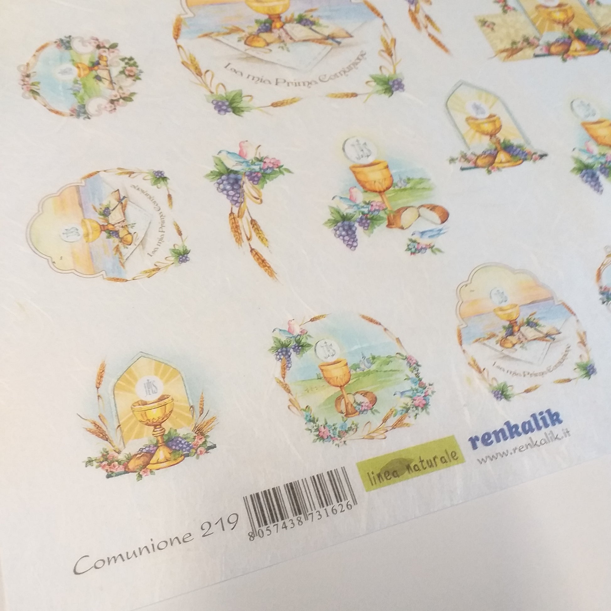 carta di riso Silkprint paper Renkalik 35 x 50 cm linea naturale Prima Comunione 219 uso decoupage bomboniere fai da te motivi religiosi sacri simboli cerimonia spighe pane Calice uva Vangelo