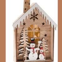 idea casette natalizie luminose in legno fai da te Villaggio del Natale con alberi pupazzo di neve lucine led kit da incollare
