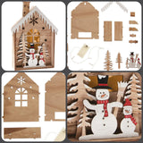 casette natalizie luminose in legno fai da te Villaggio del Natale con alberelli pupazzi di neve porte finestre lucine led kit da incollare