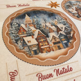 dettaglio casette villaggio sfere medaglioni pannello pannolenci stampato motivi da ritaglio cucito creativo idee per creare addobbi decorazioni di pezza stoffa tessuto per albero di Natale