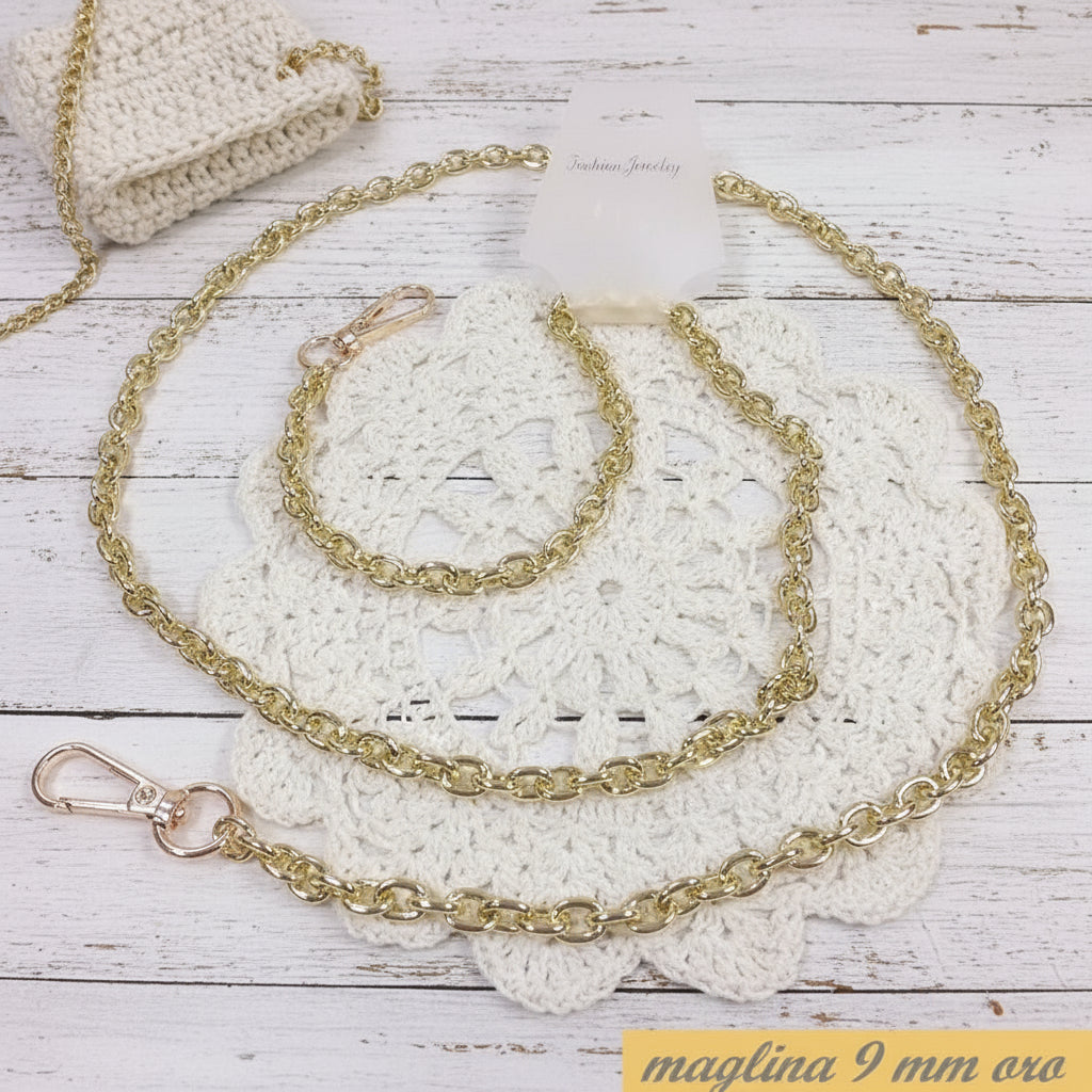 colore oro sottile catenina 9 mm maglina dorata manici tracolla catene borse uncinetto per pochette clutch bags bustine di tessuto stoffa corda fettuccia con moschettoni finali