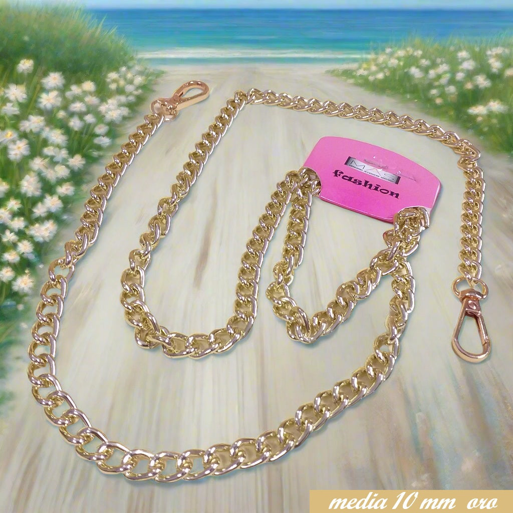 maglia media 10 mm colore oro dorato catenella manici tracolla catene borse uncinetto per pochette clutch bags bustine di tessuto stoffa corda fettuccia con moschettoni finali