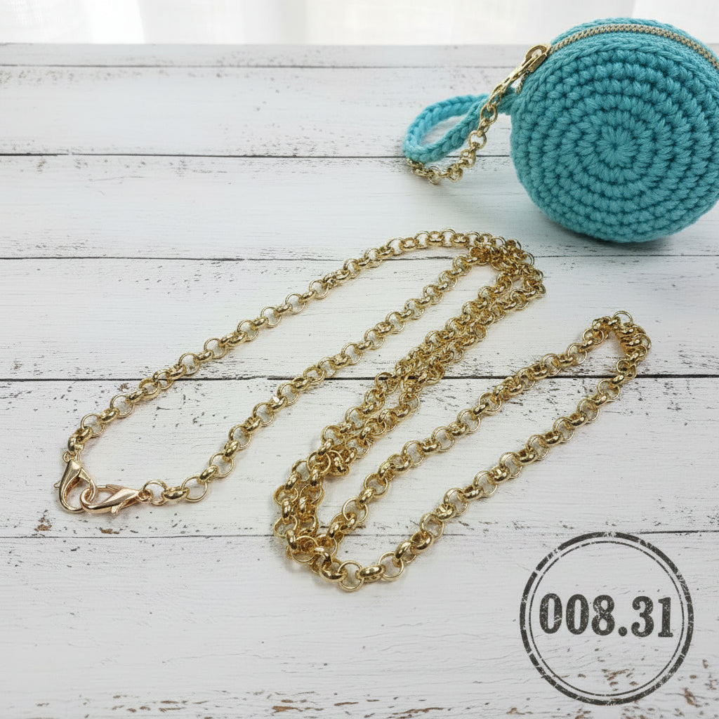 catenella maglina stretta con moschettoni dorata colore oro per pochette uncinetto borsa e clutch bags