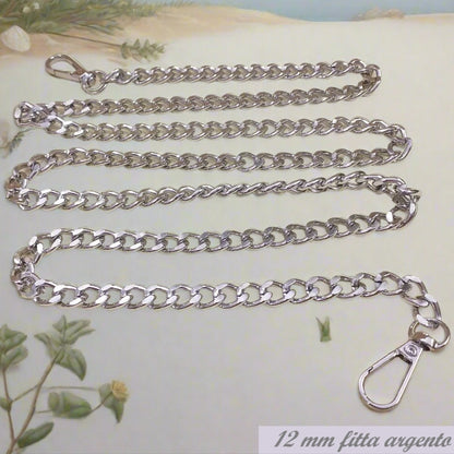 maglia 12 mm fine argento catenella manici tracolla catene borse uncinetto per pochette clutch bags bustine di tessuto stoffa corda fettuccia con moschettoni finali