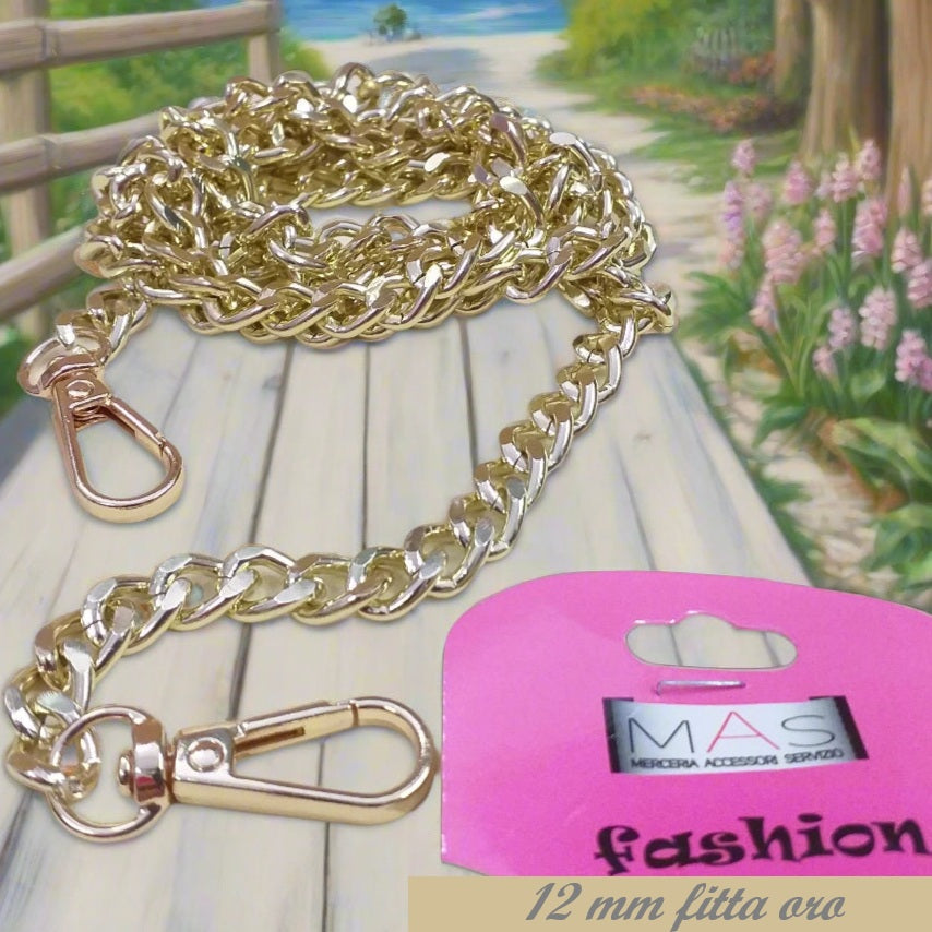 maglia 12 mm fine colore oro dorato catenella manici tracolla catene borse uncinetto per pochette clutch bags bustine di tessuto stoffa corda fettuccia con moschettoni finali