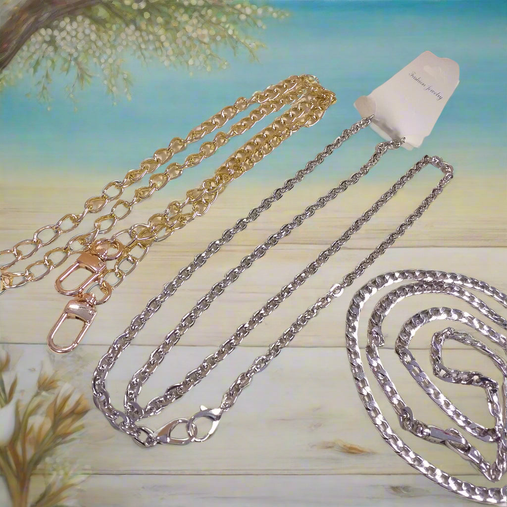 vetrina boutique maglina sottile o fitta o ovale 8-16 mm colore oro argento manici tracolla catene borse uncinetto per pochette clutch bags bustine di tessuto stoffa corda fettuccia catenelle pronte con moschettoni finali