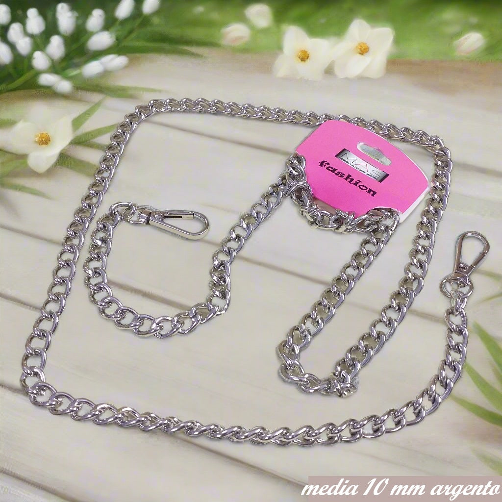 maglia 10 mm colore argento catenella manici tracolla catene borse uncinetto per pochette clutch bags bustine di tessuto stoffa corda fettuccia con moschettoni finali