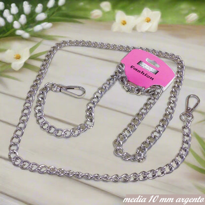 maglia 10 mm colore argento catenella manici tracolla catene borse uncinetto per pochette clutch bags bustine di tessuto stoffa corda fettuccia con moschettoni finali