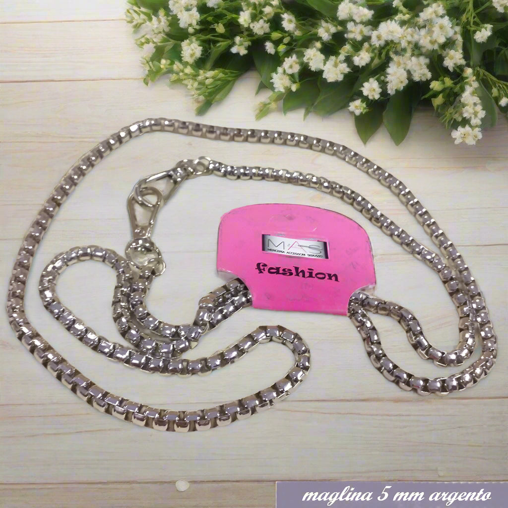 maglia 5 mm colore argento catenella manici tracolla catene borse uncinetto per pochette clutch bags bustine di tessuto stoffa corda fettuccia con moschettoni finali
