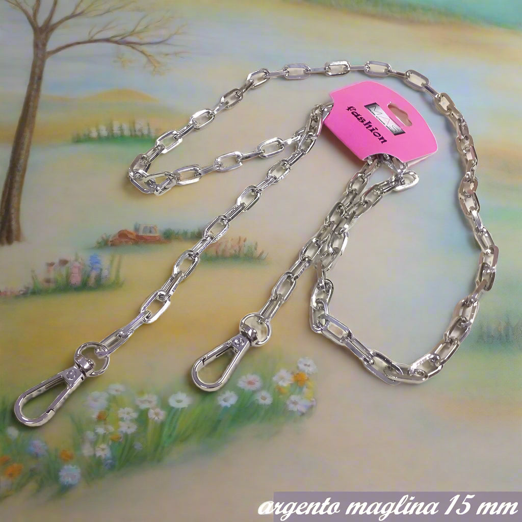 maglia media 15 mm colore argento catenella manici tracolla catene borse uncinetto per pochette clutch bags bustine di tessuto stoffa corda fettuccia con moschettoni finali