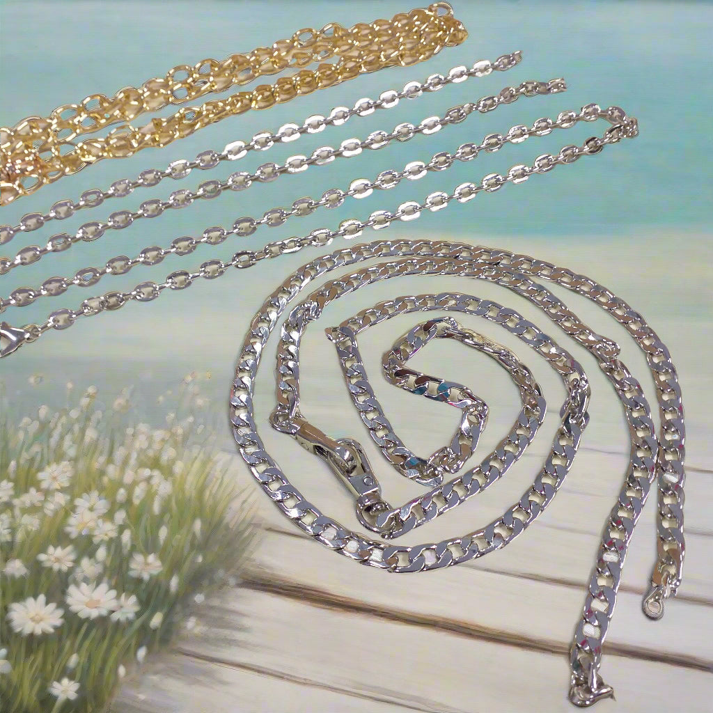 maglina sottile o fitta o ovale 8-16 mm colore oro argento manici tracolla catene borse uncinetto per pochette clutch bags bustine di tessuto stoffa corda fettuccia catenelle pronte con moschettoni finali