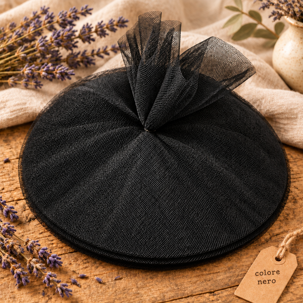 colore nero dischi cerchi centrini tulle filet retina per decorazioni e fai da te bomboniere portaconfetti ciuffi pompon