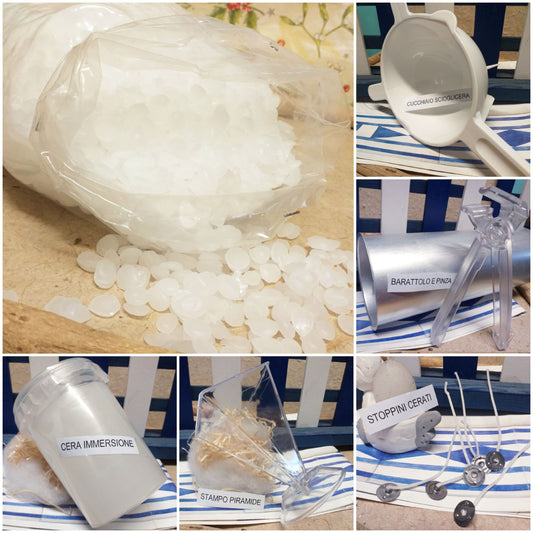 scaglie di cera bianca da sciogliere a bagnomaria attrezzi accessori cucchiaio scioglicera candele fai da te artigianali kit stampi stoppini cerati barattolo e pinza