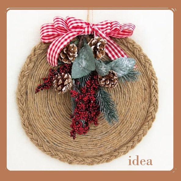 come decorare pick natale bacche pigne pino abete pick cerchio pieno legno juta base strutture da addobbare ghirlande fuoriporta sottopiatto rivestito fai da te Natale rustico uso decorazioni addobbi natalizi vetrinistica da appendere al muro