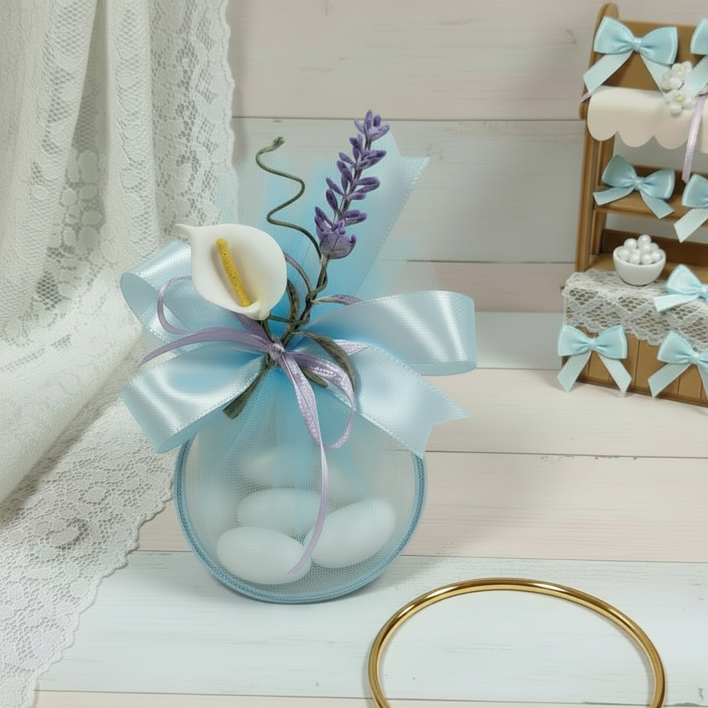confezioni di confetti con cerchi metallici dorati colore ottone oro ferro colorato per segnaposto e bomboniere di prima comunione santa cresima con  bigliettino personalizzato bambino maschietto nastrini o altri colori calle lavanda mazzolini bouquet