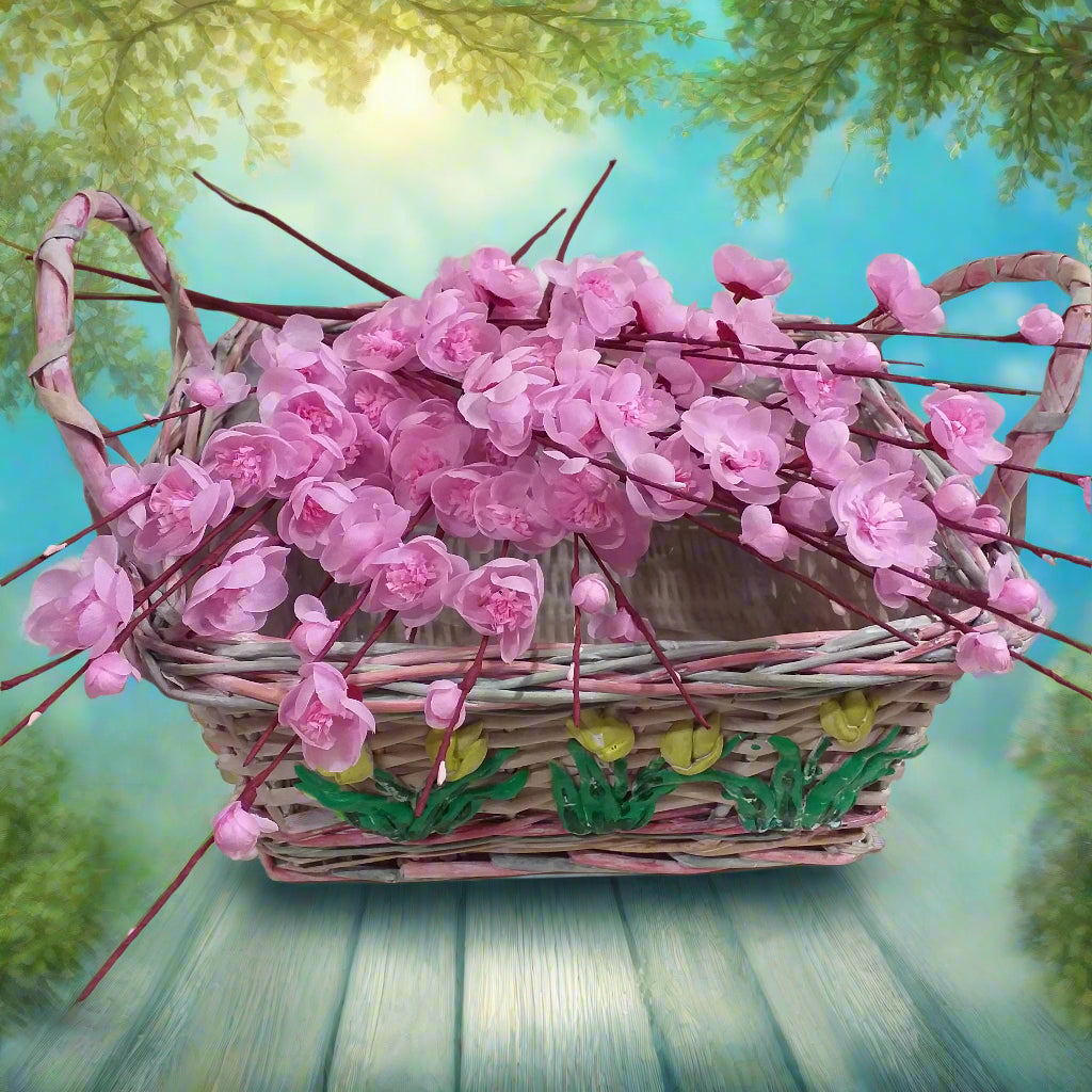 cestino idea fai da te riempitivo packaging confezione regalo ramo grande vetrina fiori di pesco finti artificiali rosa chiaro composizione piantina addobbi decorazioni vetrine negozio primavera pasquale