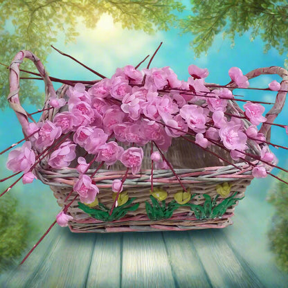cestino idea fai da te riempitivo packaging confezione regalo ramo grande vetrina fiori di pesco finti artificiali rosa chiaro composizione piantina addobbi decorazioni vetrine negozio primavera pasquale