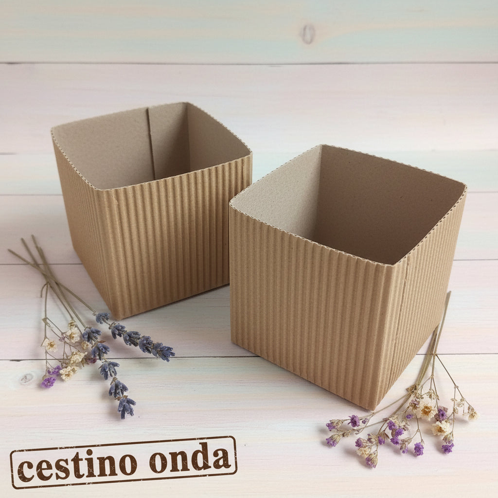 cestino aperto, scatolina onda avana beige cartoncino ondulato, bomboniera fai da te