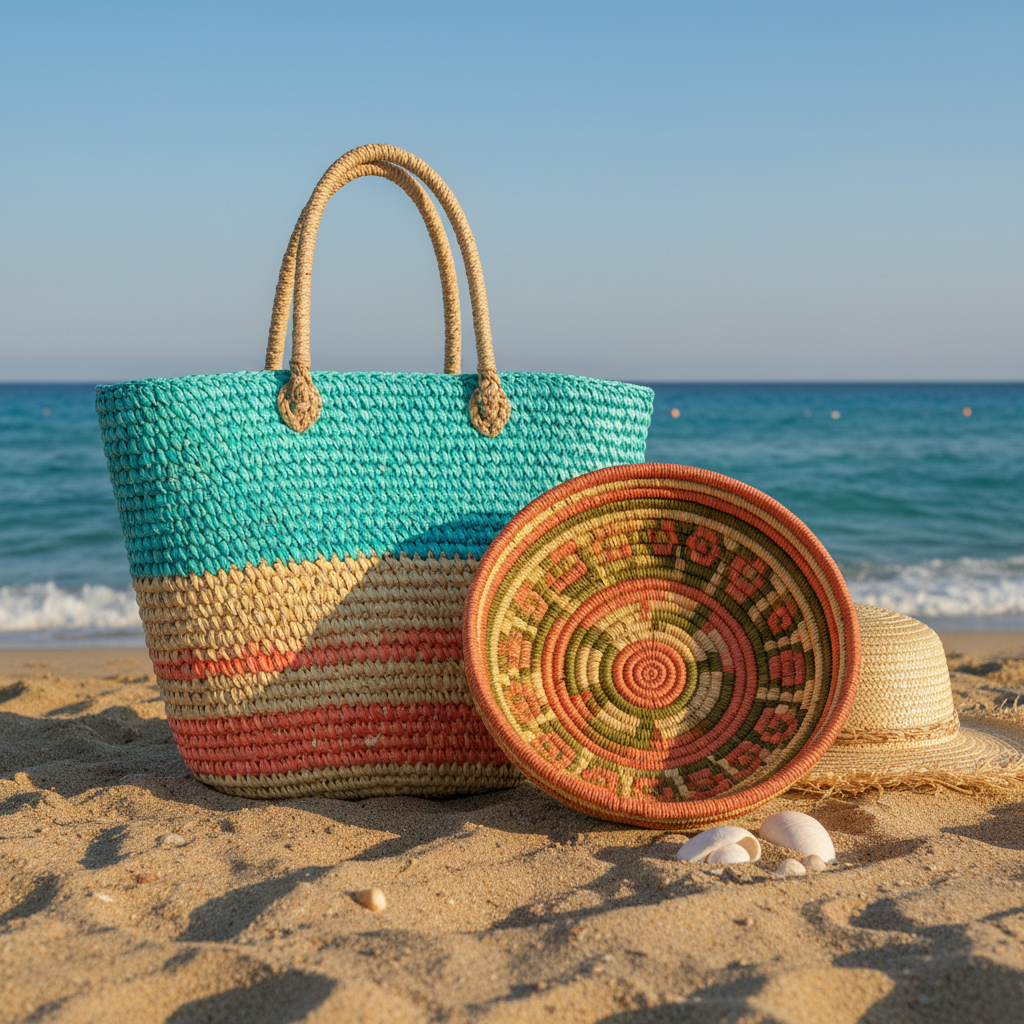 vetrina mare estiva come fare borsa spiaggia e cesto con lavorazione sarda e rafia sintetica plastica lavabile uncinetto colorata