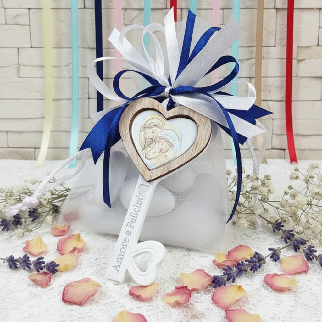 bianco blu scritta su oggettino in packaging sacchetto bianco nastri  confezionato confetti bigliettino bomboniera Prima Comunione Santa Cresima Battesimo matrimonio icona Sacra Santa famiglia chiave ricordino religioso
