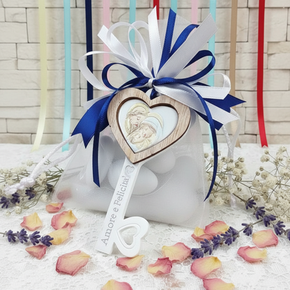 bianco blu scritta su oggettino in packaging sacchetto bianco nastri  confezionato confetti bigliettino bomboniera Prima Comunione Santa Cresima Battesimo matrimonio icona Sacra Santa famiglia chiave ricordino religioso