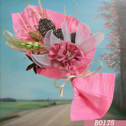 pick mazzolino bouquet piccolo miniatura fiori di pesco ciliegio finto artificiale di stoffa pistilli uso segnaposto ristorante chiudipacco regalo decorazioni fioristi pasquale rustico country rafia spiga racchette portaconfetti anice stellato foglie juta