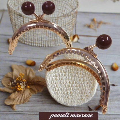 tonda ottone pomoli pomelli palline perle marrone piccola chiusura clic clac a scatto per borsellino portamonete uncinetto pochette mini clutch bag di tessuto stoffa