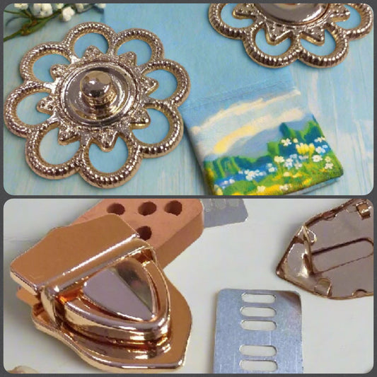 componenti chiusura particolare a cartella dorata fiore bottone automatico colore oro per borse uncinetto artigianali fatte a mano accessori fermagli fibbie da cucire su borsette fai da te con fettuccia
