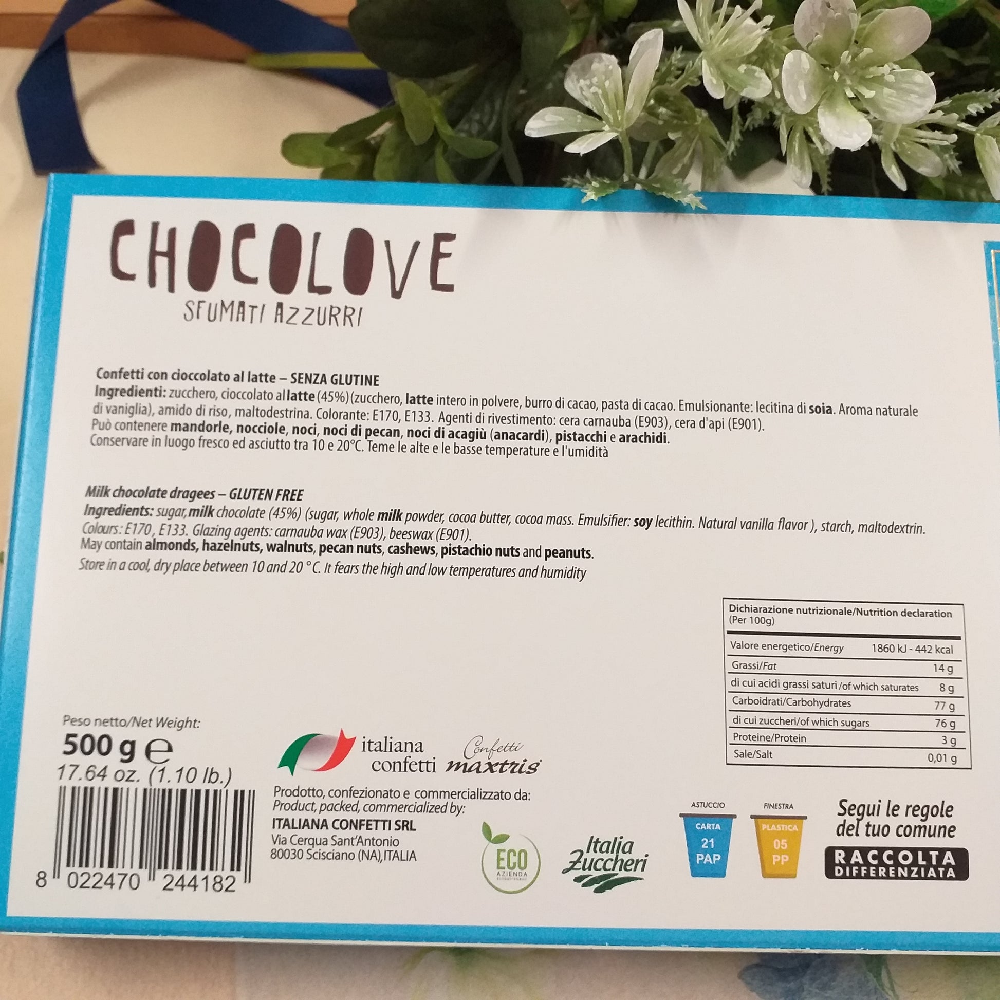 etichetta ingredienti certificazione scatola dichiarazione nutrizionale cuoricini azzurri confetti sfumati Bianchi celesti Blu chiaro forma cuore cioccolato maxtris per confettata bomboniere fai da te confezionamento segnaposto