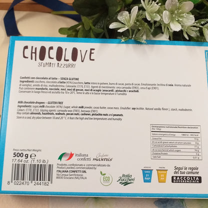 etichetta ingredienti certificazione scatola dichiarazione nutrizionale cuoricini azzurri confetti sfumati Bianchi celesti Blu chiaro forma cuore cioccolato maxtris per confettata bomboniere fai da te confezionamento segnaposto