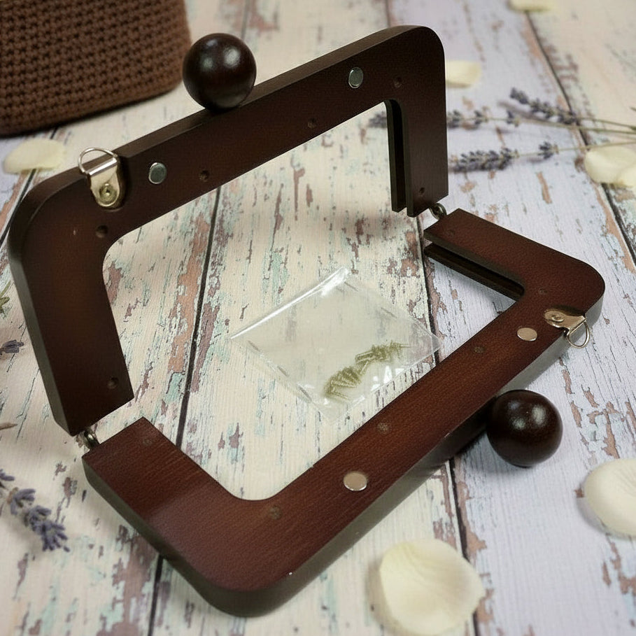 marrone scuro palline pomelli rotondi pomoli in tinta chiusure clic clac legno wooden clutch bags per borse uncinetto pochette da sera cerimonia lavoro a maglia artigianale telaio aperto con viti