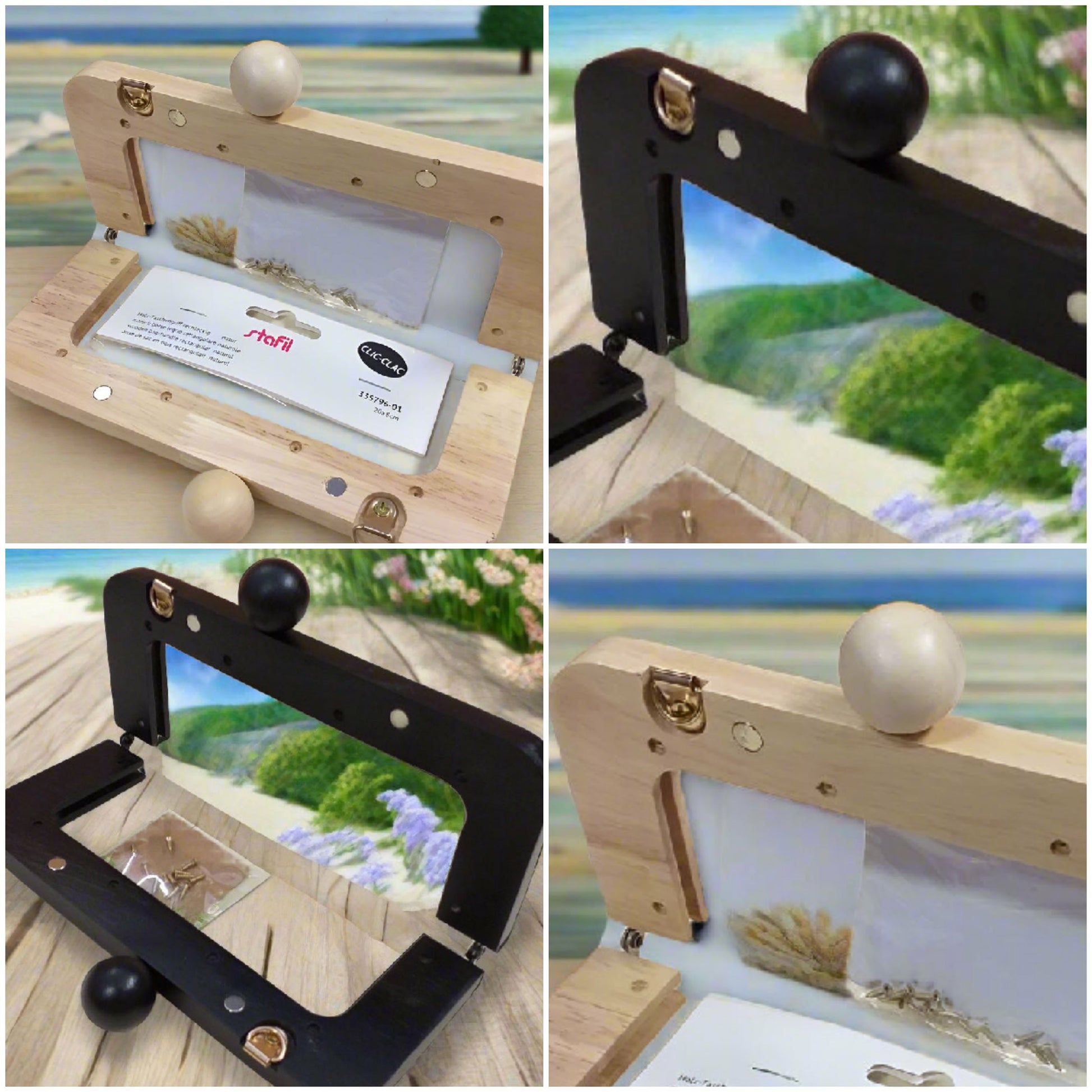 legno naturale frassino o verniciato nero palline pomelli rotondi pomoli in tinta chiusure clic clac legno wooden clutch bags per borse uncinetto pochette da sera cerimonia lavoro a maglia artigianale telaio aperto con viti