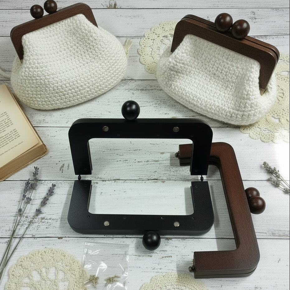 legno naturale marrone o verniciato nero palline pomelli rotondi pomoli in tinta chiusure clic clac legno wooden clutch bags per borse uncinetto pochette da sera cerimonia lavoro a maglia artigianale telaio aperto con viti per chunky marshmallow