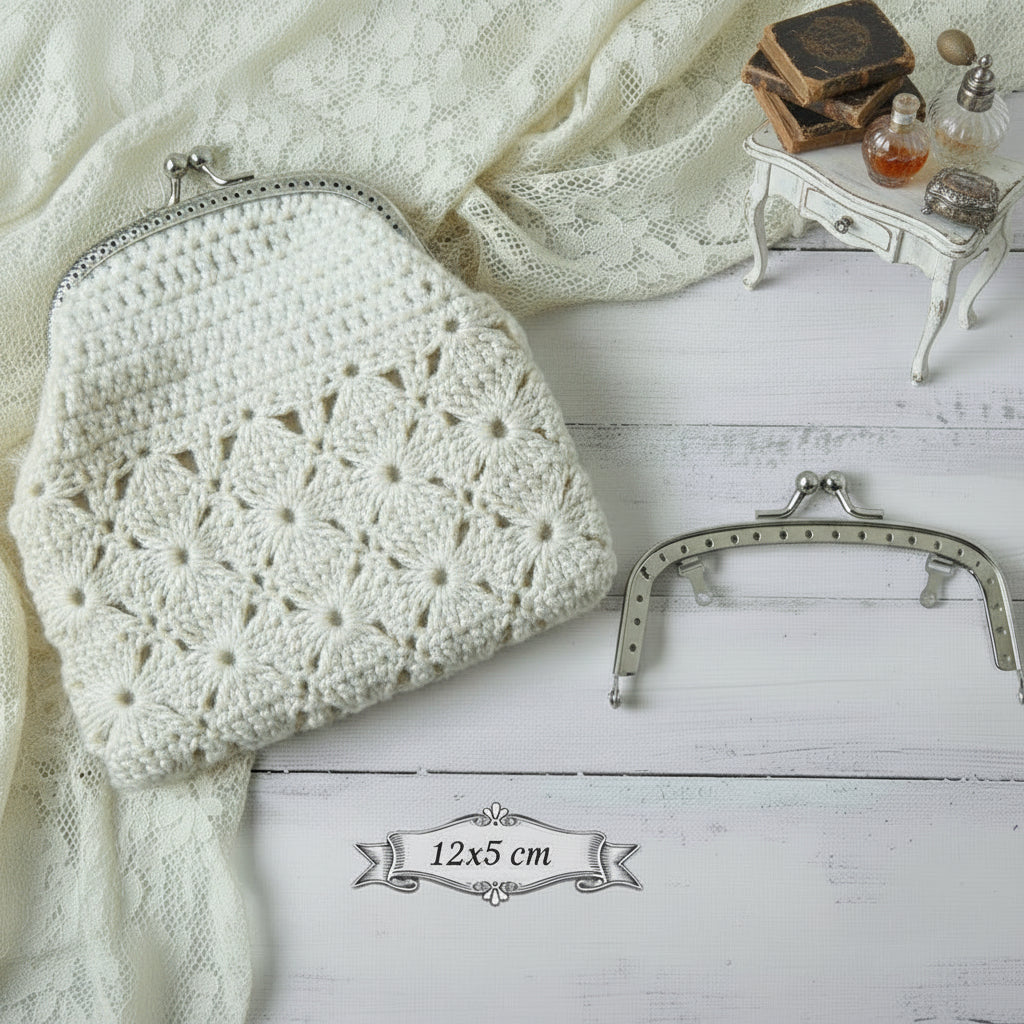 rettangolare 12 x 5 cm colore argento piccola chiusura clic clac a scatto per borsellino portamonete uncinetto pochette mini clutch bag di tessuto stoffa