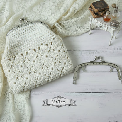 rettangolare 12 x 5 cm colore argento piccola chiusura clic clac a scatto per borsellino portamonete uncinetto pochette mini clutch bag di tessuto stoffa