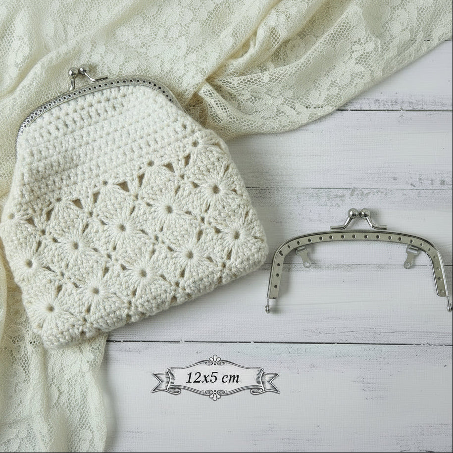 rettangolare 12 x 5 cm colore argento piccola chiusura clic clac a scatto per borsellino portamonete uncinetto pochette mini clutch bag di tessuto stoffa