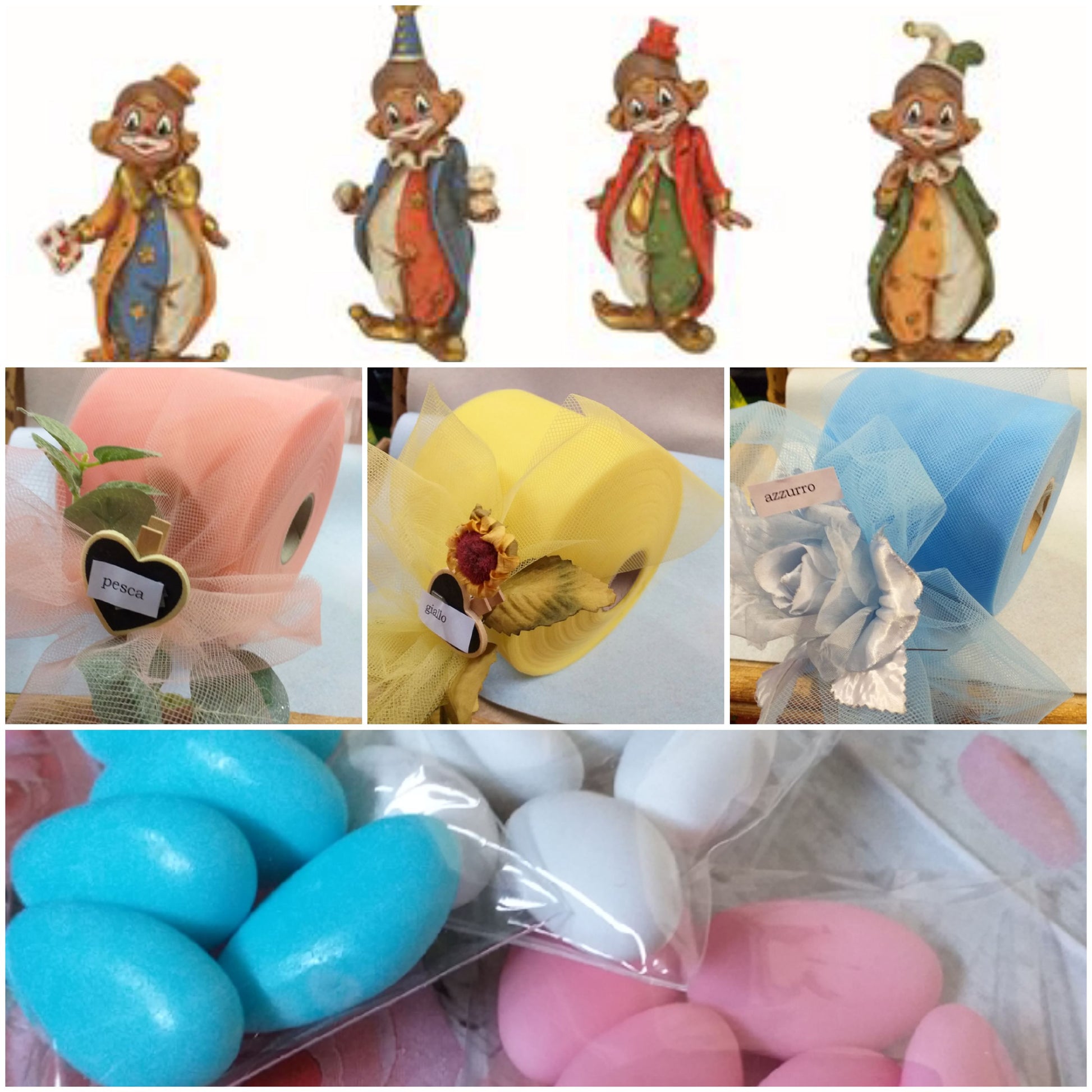 clown pagliacci statuine bomboniere tema circo personaggi da collezione per ricordini pensierini gadget aprifesta regalini natalizi portafortuna confezionati confetti