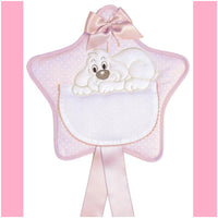 stella cagnolino rosa bimba femminuccia coccarda da nascita fiocco da ricamare a punto croce tela aida e stoffa di cotone per costruire fuoriporta