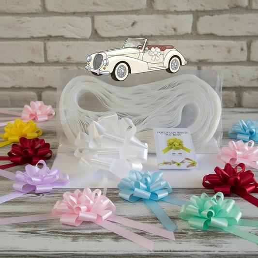 coccarde matrimonio fai da te fiocchi auto sposi invitati addobbi bianchi gialli rosa azzurri celesti rossi colorati allestimento confettata ad uso packaging vetrinistica comunione battesimo compleanno anniversario
