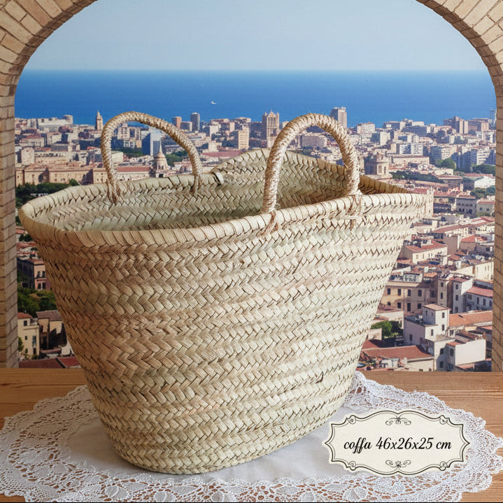 grande cesto coffa grezza siciliana paglia palma naturale borsa mare spiaggia con manici sisal da rivestire decorare fai da te personalizzare uncinetto macramè crochet applicazioni scritte passamaneria