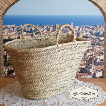 grande cesto coffa grezza siciliana paglia palma naturale borsa mare spiaggia con manici sisal da rivestire decorare fai da te personalizzare uncinetto macramè crochet applicazioni scritte passamaneria