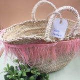 idea creativa cesto coffa grezza siciliana paglia palma naturale borsa mare con manici sisal da rivestire decorare fai da te personalizzare frange piume rosa