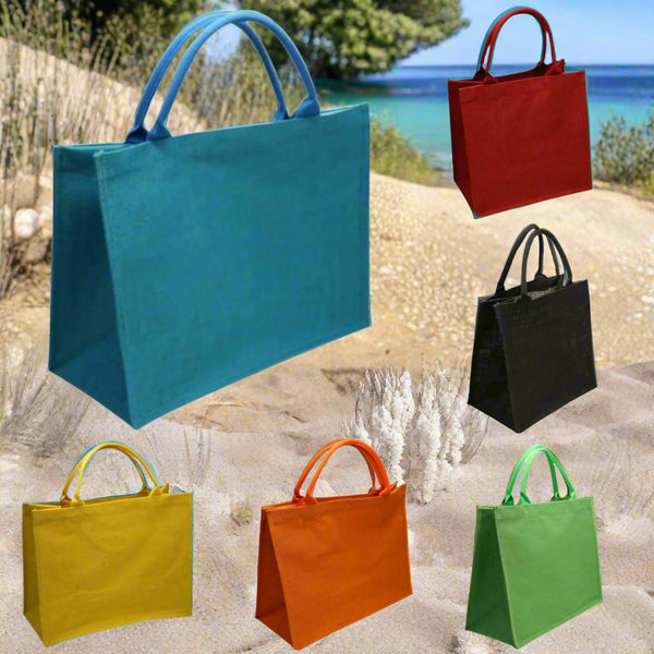 turchese rosso nero verde arancione giallo colorate estive spiaggia mare piscina juta borsa quadrata 30 x 30 cm manici tessuto yuta da decorare rivestire uncinetto tecnica applicazioni personalizzare dipingere colorare ricamare fiori conchiglie appliquè pizzo nappine pompons