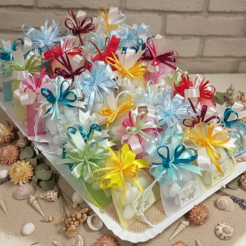 cestino colori misti assortiti stile carioca bustine organza sacchettini portaconfetti confezionati 5 italian confetti bigliettino bomboniere laurea Comunione Cresima matrimonio Babyshower Battesimo nascita bebè allestimento shabby rustico pizzo juta