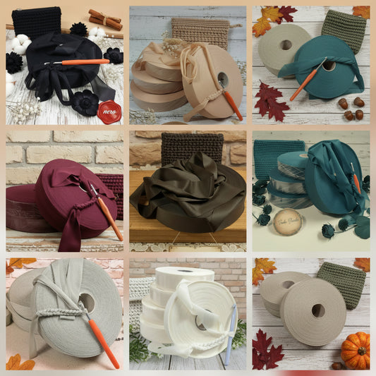 nero beige petrolio bordeaux marrone mattone corda bianco salvia colori autunnali moda fettuccia lycra jersey borse uncinetto e cestini maglina stafil