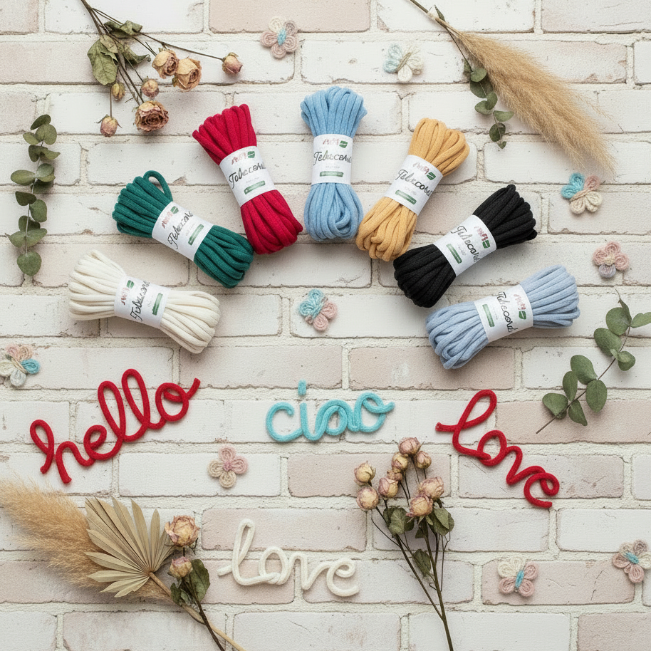 negozio shop online colori tricotin pronto cordoncino tubolare corda da riempire di filo modellabile tubecord stafil green per creare scritte nomi decorazioni fiori farfalle fiorellini scrivi hello cialo love