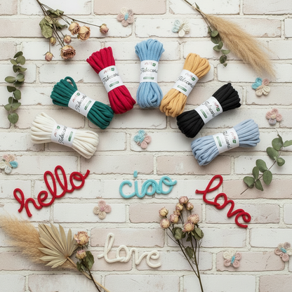 negozio shop online colori tricotin pronto cordoncino tubolare corda da riempire di filo modellabile tubecord stafil green per creare scritte nomi decorazioni fiori farfalle fiorellini scrivi hello cialo love