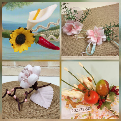 Composizioni floreali miste fiori frutta artificiali per segnaposto