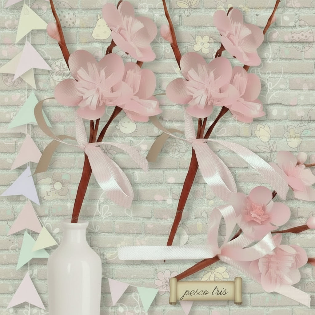 rosa pastello confezione fioristi mazzolino bouquet piccolo miniatura fiori di pesco finto artificiale di stoffa pistilli foglie uso segnaposto ristorante chiudipacco regalo decorazioni pasquale