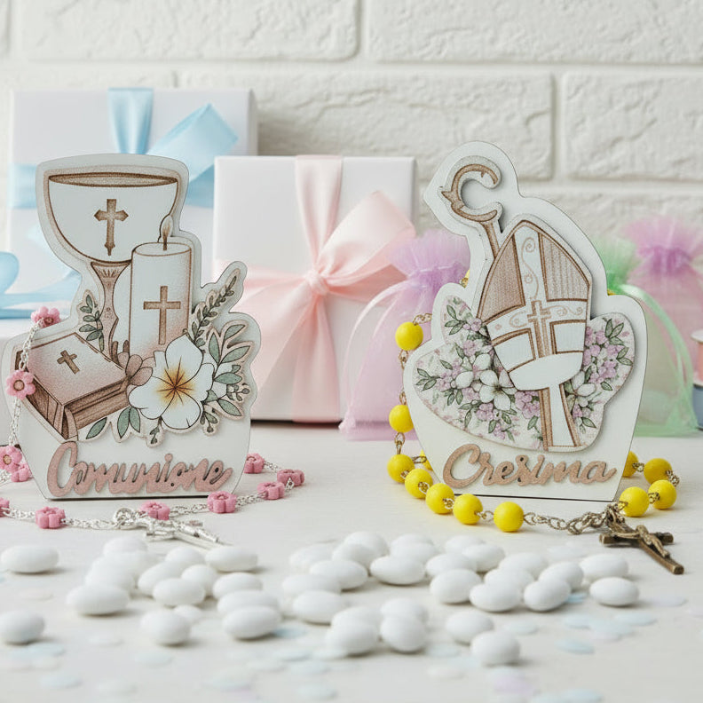 piantina legno icona bomboniere sacre religiose Santa Cresima simboli pastorale Mitria colomba Santo Giorno Prima Comunione calice spighe uva confezionata con Rosario di perle decina Croce metallo zama confetti bigliettino